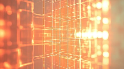 A cubic mosaic of faintly illuminated glitching orange grid fragments rotating in perfect alignment against a soft