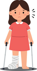 A young girl with crutches and a bandaged leg expressing sadness in a minimal flat design vector illustration