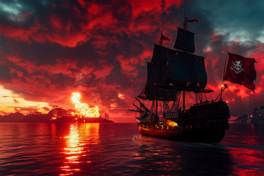 Pirate three masted ship galleon, sails backlit by setting sun with golden rim light, glowing orange yellow hues. The cannon's muzzle flash on the board, pirate flag, blood red stormy clouds at sunset