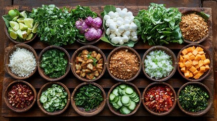 Tropical salad bar ingredients, wooden bowls, rustic table, overhead