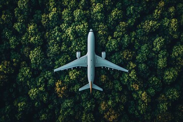 Fototapeta premium Airplane Flying Over Lush Green Forest Canopy