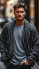 Handsome man in a grey cardigan posing confidently outdoors