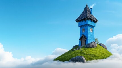 Fototapeta premium A whimsical tower atop a grassy hill, surrounded by soft clouds and a bright blue sky, evoking a fairy tale atmosphere