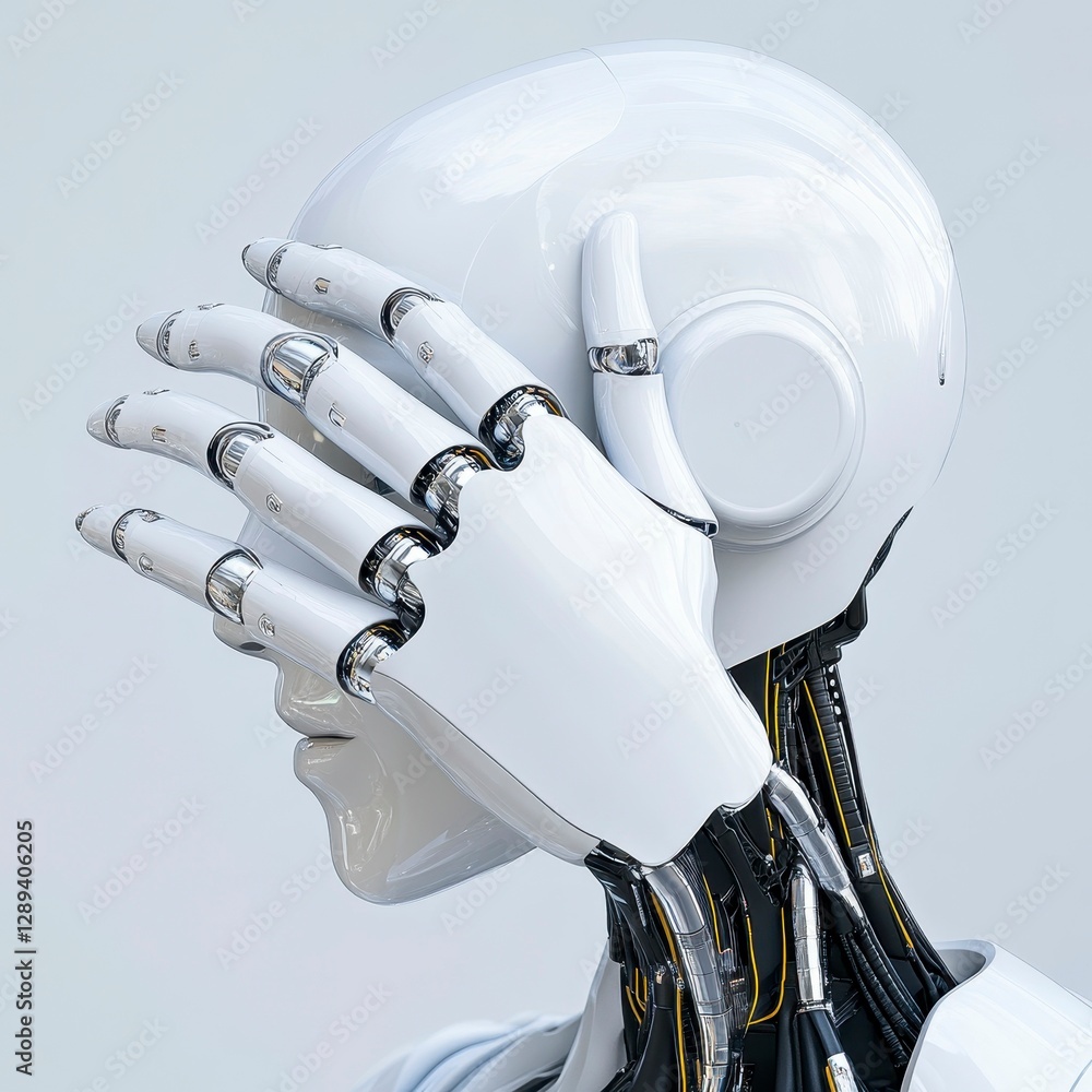 Poster a futuristic robotic figure with a white surface covering its face, showcasing intricately designed 