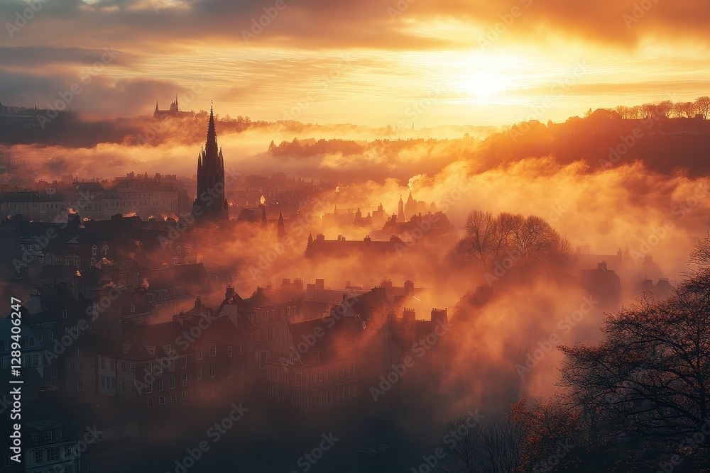 Aufkleber sunrise over the cityscape with historical architecture and fog along the river, creating a serene a