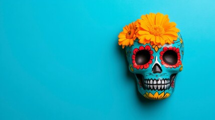 Vibrant sugar skull adorned with bright yellow flowers against a vivid blue backdrop, celebrating cultural traditions and artistry.