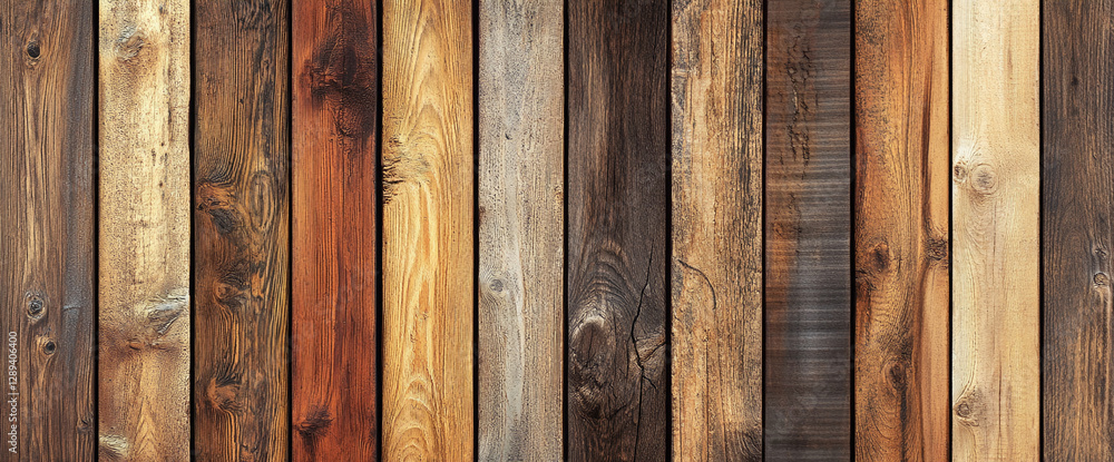 Poster a close-up view of wooden planks with different shades and textures, showcasing a rustic, natural fe