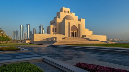 The Museum of Islamic Art is in Doha, Qatar. The picture was taken outside the museum in the park early in the morning at 6:00.
