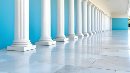 Fototapeta premium Row of white classical columns standing along a bright blue wall on a polished marble floor.