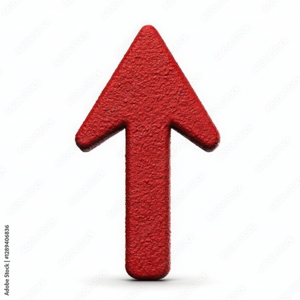 Poster red arrow symbol pointing upward made of textured material signifying direction, progress, growth, o