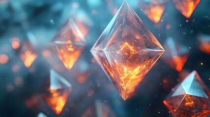 Glowing geometric diamond structures floating in a dark blue background