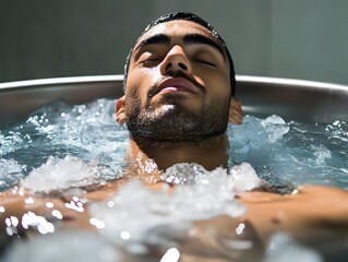 Millennial Athlete Submerged in Sleek Contemporary Ice Bath for Extreme Cold Therapy Recovery