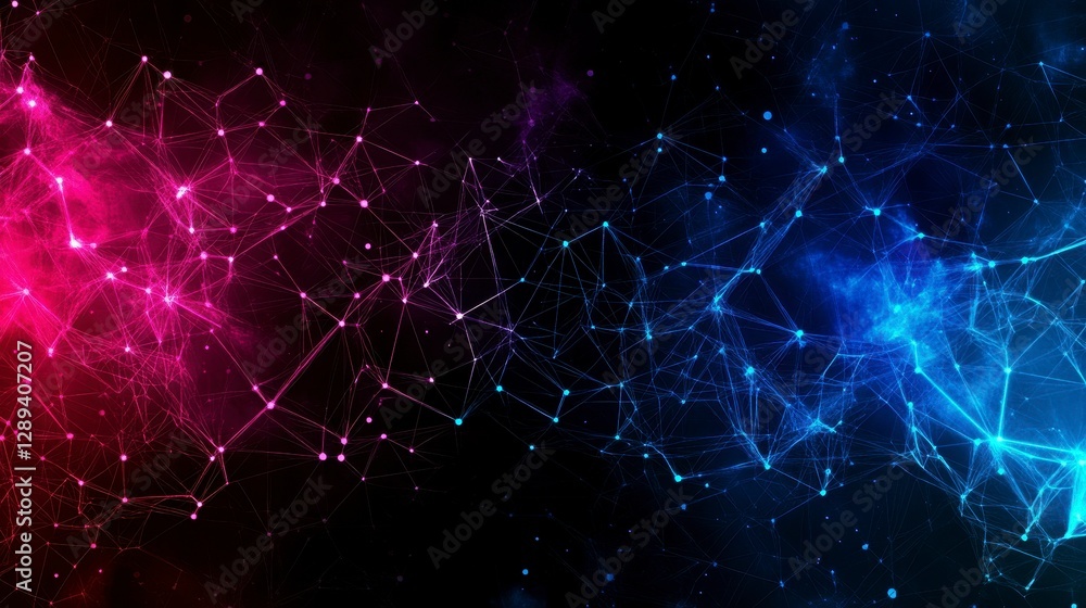Poster abstract digital network background showcasing vibrant pink and blue color gradients with interconne