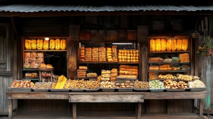 Village Snack Shop, Night Market, Asian Snacks, Illuminated Display, Food Sale
