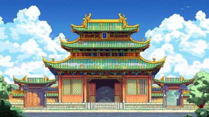 Obraz premium This is a picture of a Chinese-style building. It has a colorful roof and walls. It looks like a temple or a pagoda.