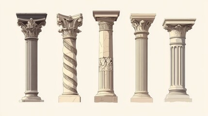This is a set of illustrations of the five classical architectural orders: Tuscan, Doric, Ionic, Corinthian, and Composite.