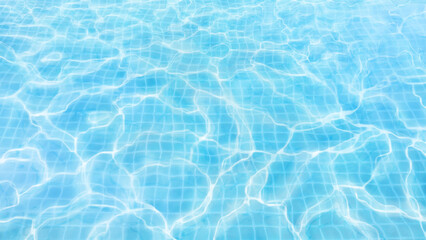 Waves water surface background in blue swimming pool. Ripple and flowing texture that feels like ocean waves or liquid. Water surface banner. Summer travel.