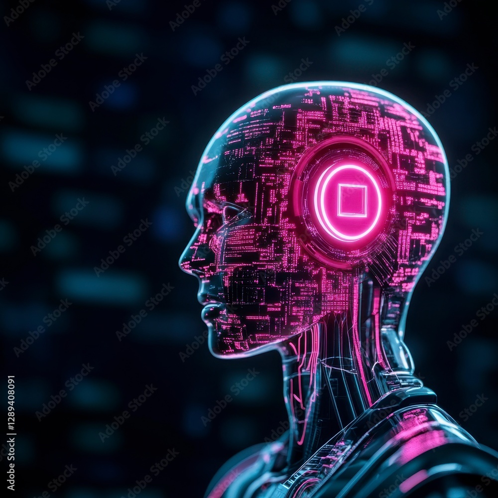 Poster futuristic robotic head illuminated with neon circuitry and digital patterns, embodying the fusion o