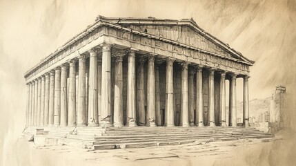 Obraz premium This three-dimensional drawing shows an old Greek temple with tall pillars that are well-known.