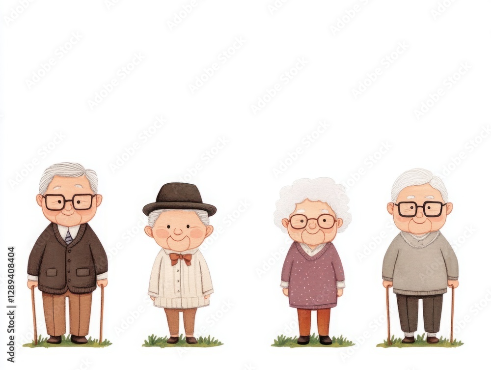 Poster charming and playful illustrations of four elderly characters featuring unique outfits and distinct 
