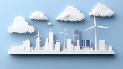 Obraz premium White city skyline with wind turbines, solar panels, and clouds on a blue background.