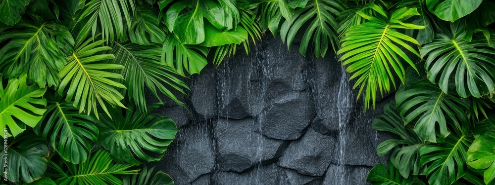 Poster lush tropical foliage framing a serene water feature with a textured stone backdrop in a tranquil se