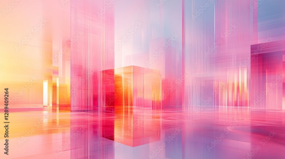Poster abstract architectural digital artwork featuring a transparent cube and columns