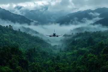 Fototapeta premium Airplane Flying Over Misty Rainforest Mountains