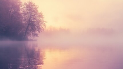 Beautiful mist blankets a tranquil lake and distant trees gently