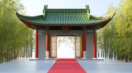 Traditional Chinese gateway with a green bamboo roof and decorative columns. The temple has an open door with a red carpet leading to an Asian-style pavilion, resembling an ancient palace.