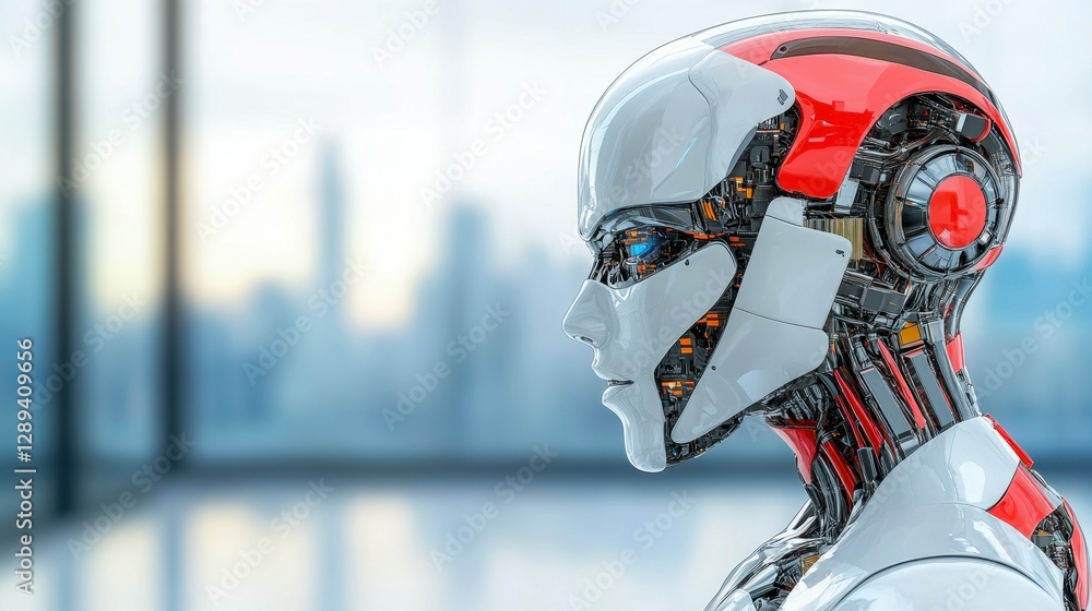Poster futuristic humanoid robot profile showcasing advanced technology and design in a modern urban settin