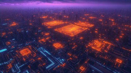 Fototapeta premium A detailed aerial view of a massive digital circuit board city glowing with radiant orange and cyan lights under an atmospheric