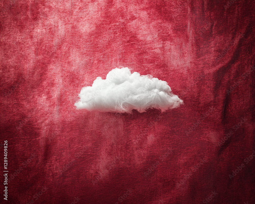 Poster a fluffy white cloud floating against a red textured background, symbolizing dreaminess, creativity,