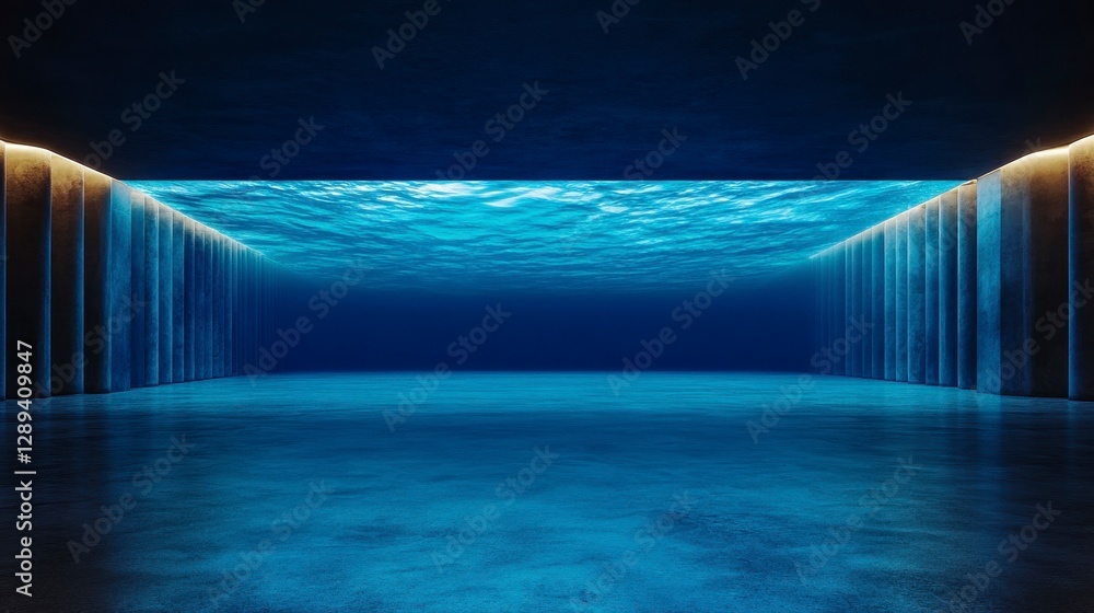Poster an underwater-inspired architectural space with an illuminated ceiling creating a serene and tranqui