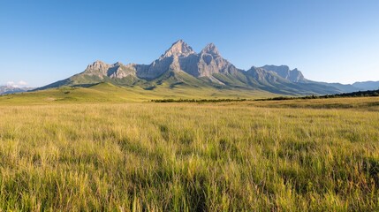 Obraz premium Majestic rocky mountains rise above a vast golden grassy meadow under a clear blue sky.