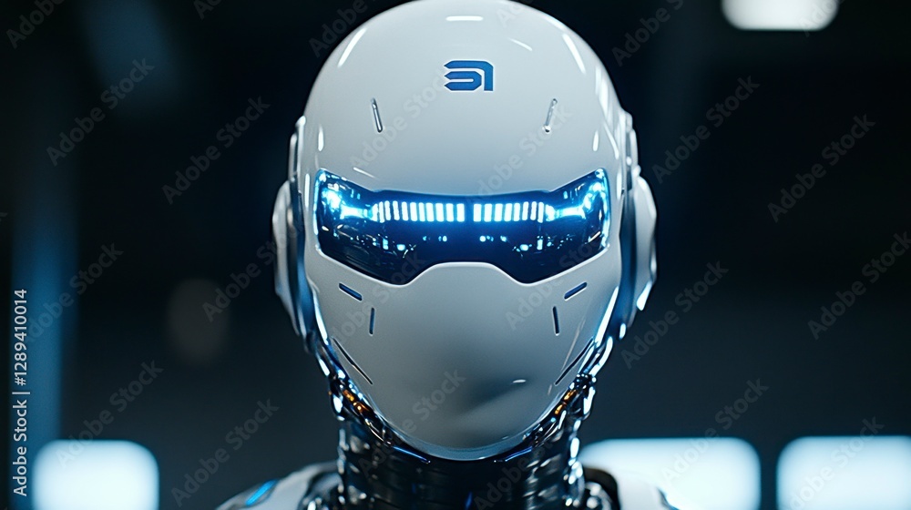 Poster futuristic humanoid robot with sleek design and illuminated features, set against a modern tech back