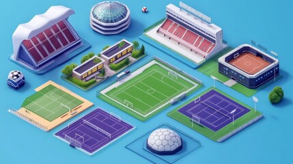 Various sports arenas in 3D isometric views, including:
- Football (soccer)
- American football
- Baseball
- Basketball
- Tennis