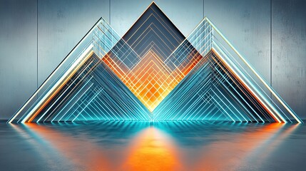 A dramatic abstract composition of shimmering grid lines arranged in a sharp triangular formation