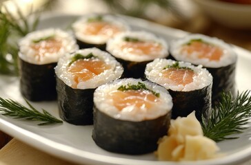 Fresh Sushi Rolls with Salmon and Garnishes Arranged on a White Plate Surrounded by Green Herbs and Pickled Ginger in a Warm Setting