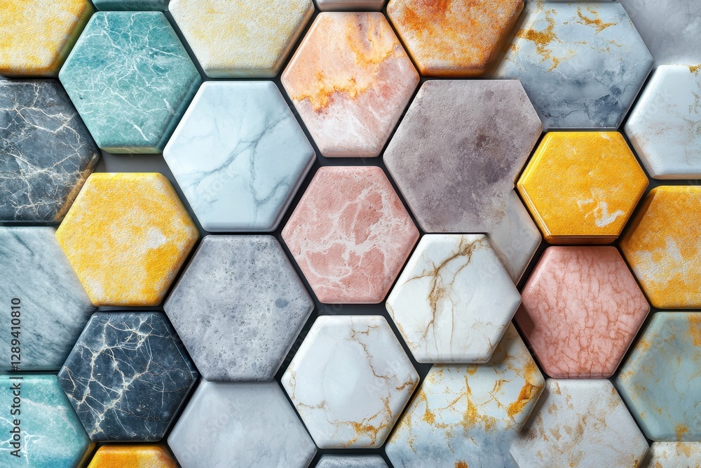 Aufkleber Colorful hexagonal tiles arranged in a vibrant pattern create an artistic display suitable for interior design inspiration