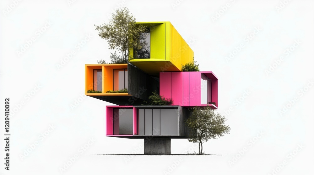 Poster vibrant modern architecture featuring colorful stacked containers integrated with greenery in an ima