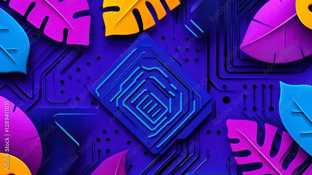 Poster abstract technology background featuring vibrant leaves and intricate circuit patterns in a modern d