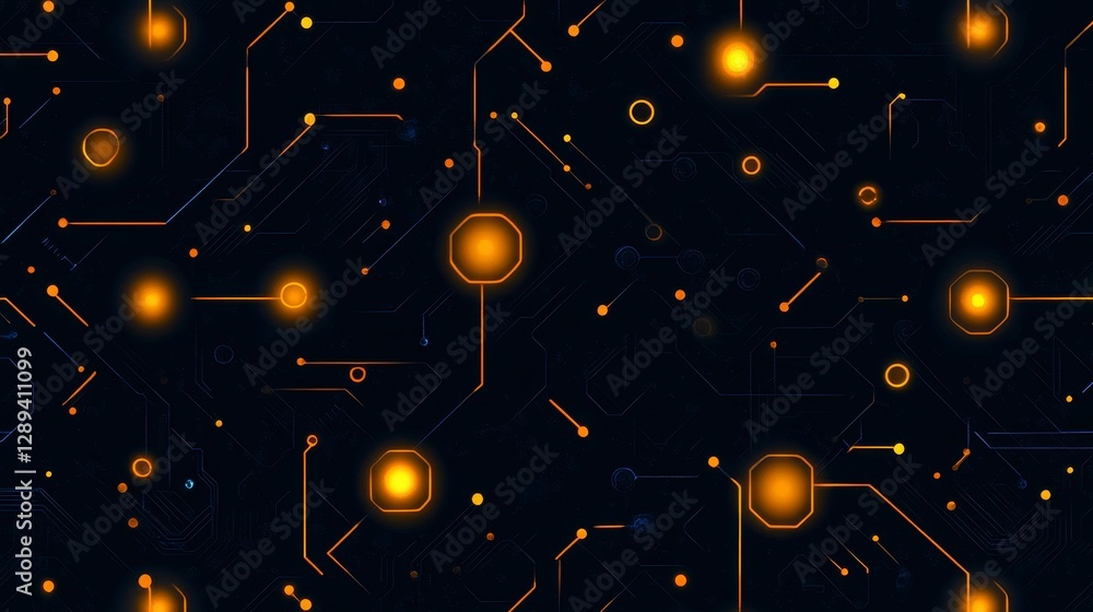 Poster abstract digital circuit board design featuring glowing connections and nodes in a dark background