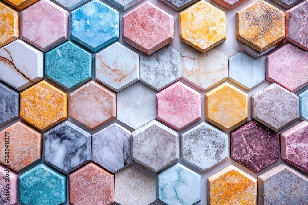 Poster Colorful hexagonal tiles arranged in a vibrant pattern create an artistic display suitable for interior design inspiration
