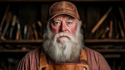 Fototapeta premium Portrait of a skilled craftsman with a long white beard, wearing a leather apron and cap, surrounded by vintage tools in a rustic workshop