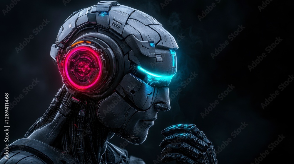 Poster futuristic robotic head with glowing features and intricate details showcasing advanced technology a
