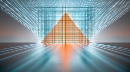A dramatic abstract composition of shimmering grid lines arranged in a sharp triangular formation