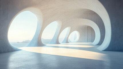 Abstract interior space featuring rounded openings with scenic views