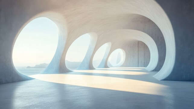 Abstract interior space featuring rounded openings with scenic views