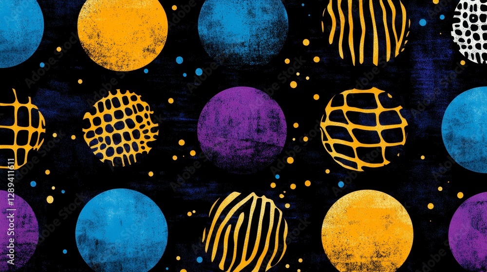 Poster vibrant abstract pattern featuring colorful circles on a dark background, perfect for modern design 